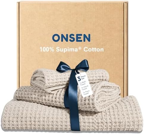 ONSEN Supima® Waffle Bath Towel Set, Quick Dry Lint Free 100% USA Cotton, Bath Hand and Face Towel Bundle, 3 Piece (Oatmeal, Bath Towel Set)