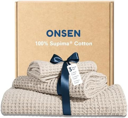 ONSEN Supima® Waffle Bath Towel Set, Quick Dry Lint Free 100% USA Cotton, Bath Hand and Face Towel Bundle, 3 Piece (Oatmeal, Bath Towel Set)