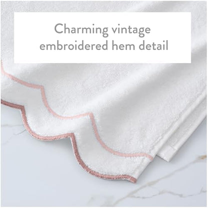 Peri Home 2 Piece Cotton Bath Towel Set, Embroidered, White, Blush Scallop