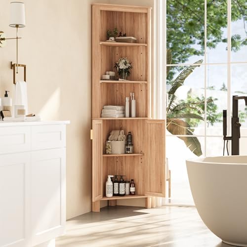INNOD 69" Tall Corner Shelf with Doors, 6-Tier Corner Storage Cabinet with Doors, Space Saver Shelf for Bathroom, Bathroom Floor Cabinet for Living Room Kitchen, Hallway