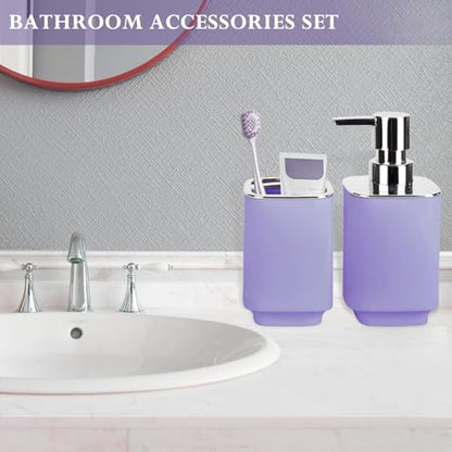 Purple Bathroom Accessories 2 Pcs, Soap Dispenser and Toothbrush Holder Set