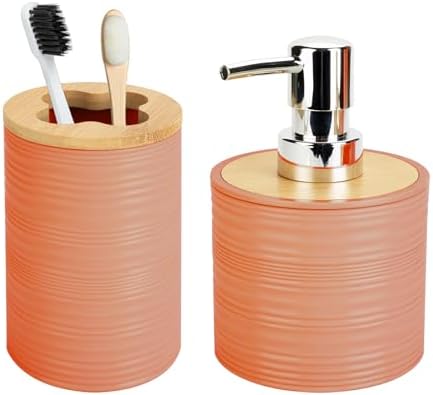 2PCS Orange Bathroom Set, Soap Dispenser, Dish & Bamboo Holder, Rustic