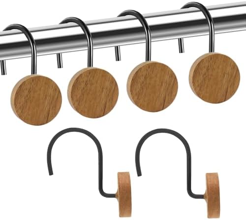 Shower Curtain Hooks, Wood Decorative Shower Curtain Rings, Modern Round Log Shower Curtain Hangers, 12PCS Shower Hooks for Shower Curtain Rod, Bedroom, Living Room (Black)