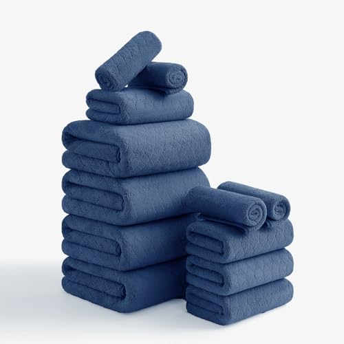 Hailea Luxury Bath Towels Set - 12 Piece (4 Large Bath Towels,4 Hand Towels,4 Washcloths), 100% Microfiber,Extra Absorbent Super Soft & Quick Dry,Complete Family Pack for Bathroom Gym Pool,Navy