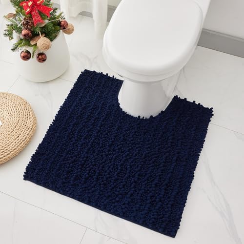 Toilet Rugs U-Shaped Mat 24x24, Contour Bathroom Mat - Ultra Soft & Absorbent Chenille, Quick-Dry, Machine Washable with Non Slip Barrier Backing, Navy Blue