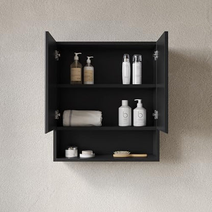 USHOWER Black Bathroom Wall Cabinet with Fluted Doors & Open Shelf