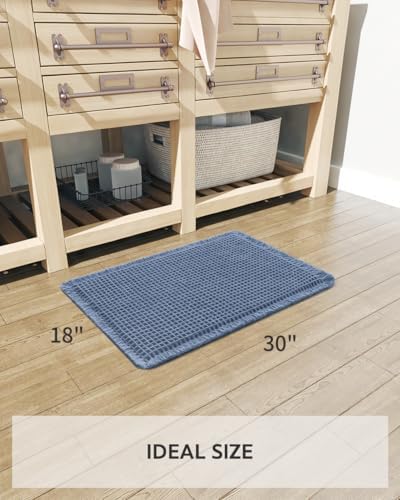 Waffle Bath Mat Rug, Super Absorbent Non Slip Bath Mats for Bathroom Mat Ultra Soft Bathmat Machine Washable Bathroom Rugs with Tassels, Bath Rugs for Bathroom Floor Beside Tub, 18" x 30", Blue