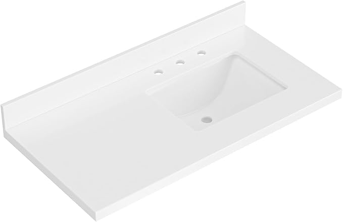 ARIEL 43 inch Bathroom Vanity top with Sink, 1.5 Inch Thick Miter Edge White Quartz top, Right Offset Vanity top with Rectangle Porcelain Sink, Includes Backsplash