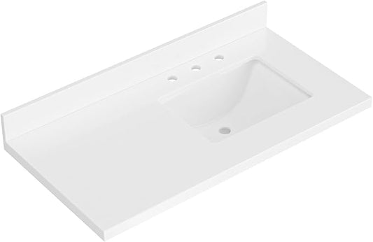 ARIEL 43 inch Bathroom Vanity top with Sink, 1.5 Inch Thick Miter Edge White Quartz top, Right Offset Vanity top with Rectangle Porcelain Sink, Includes Backsplash