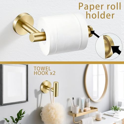 6 Pieces Brushed Gold Bathroom Hardware Accessories Set, SUS304 Stainless Steel 24 Inch Bath Towel Bar Set, Round Bathroom Towel Holder Set, Towel Racks for Bathroom Wall Mounted
