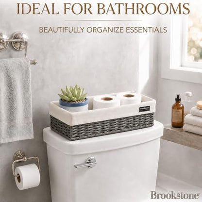 Brookstone Over the Toilet Tank Wicker Storage Basket, Bathroom and Closet Organizers and Storage Bins with Fabric Liner, Grey, 2 Pack Set