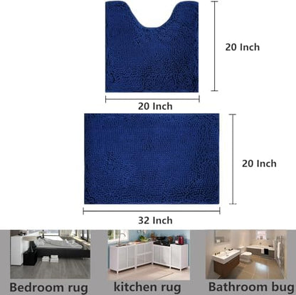 Bathroom Rugs Sets 2 Piece Chenille Bathroom Rugs,Extra Thick and Absorbent,Strong PVC Non-Slip Underside, Machine Washable, Dry Quckily, Soft Cozy Plush for Toilet,Bedroom (Navy Blue)