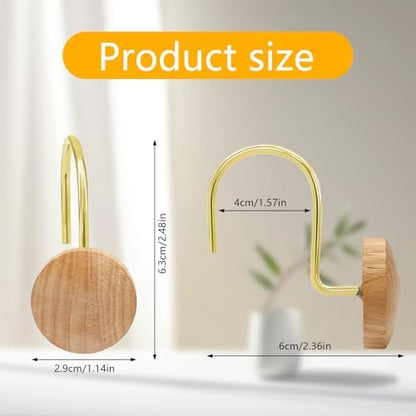Shower Curtain Hooks, Wood Decorative Shower Curtain Rings, Modern Round Log Shower Curtain Hangers, 12PCS Shower Hooks for Shower Curtain Rod, Bedroom, Living Room (Gold 2)