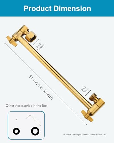 11 Inch Adjustable Shower Head Extension Arm With Locking Set Screw, Singing Rain 304 Stainless Steel Egyptian Gold Angle Height Adjustable, G1/2 Universal Connector Compatible (Egyptian Gold)