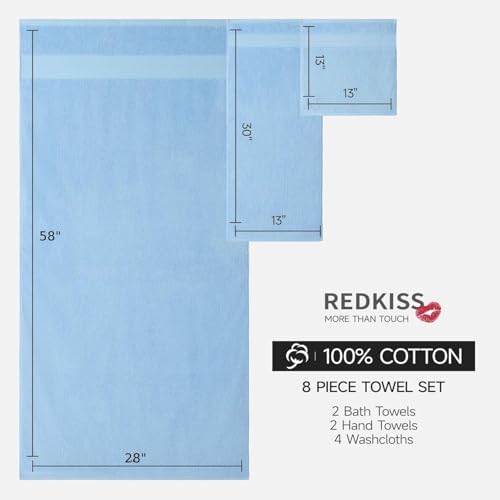 REDKISS 8 Piece Blue Towels Set - 100% Cotton Towels Set with 2 Large Bath Towels, 2 Hand, 4 Washcloths, 600 GSM Highly Absorbent Bath Towel Sets, Blue Quick Dry Shower Towel for Family Dorm Gym
