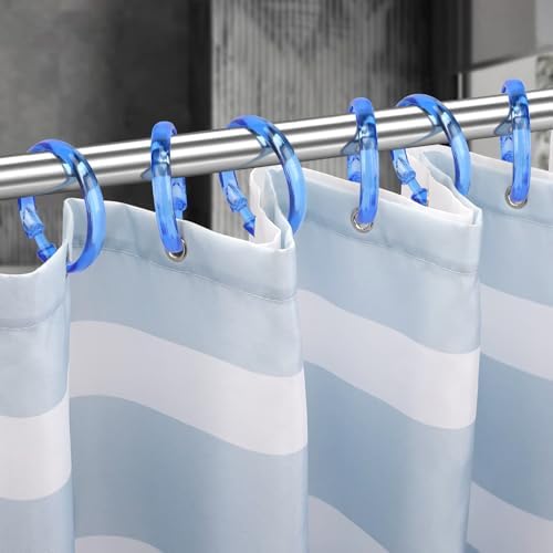 Blue Shower Curtain Hooks - 12 Pcs Circular Plastic Shower Curtain Rings for Bathroom - O Shaped Transparent Blue Shower Hooks Rings for Shower Curtain Rod