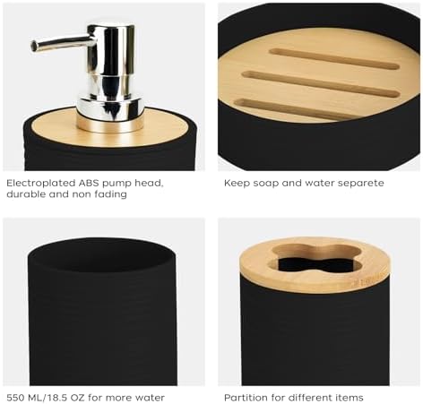 4PCS Black Bathroom Set, Soap Dispenser, Dish & Bamboo Holder, Rustic