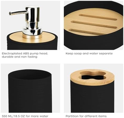 4PCS Black Bathroom Set, Soap Dispenser, Dish & Bamboo Holder, Rustic