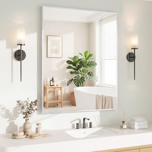 Koonmi Silver Rectangle Wall Mirror, 30x36 Inch Bathroom Mirror, Aluminum Frame Vanity Mirror for Entryway, Living Room, Bedroom Bathroom, Hangs Horizontally or Vertically