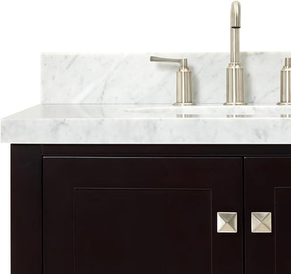 ARIEL Cambridge 42-inch Bathroom Vanity with Sink,Solid Wood, 1.5-inch Italian Carrara Marble Countertop & Backsplash, Single Oval Porcelain Sink, 2 Soft Closing Doors, 5 Dovetail Drawers, Espresso