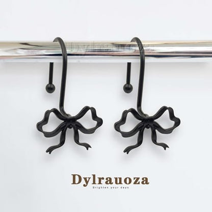 Black Bow Shower Curtain Hooks, 12 Pack Gothic Coquette Bathroom Decor, Decorative Metal Rust Proof Shower Curtain Rings for Dark Feminine, Vintage & Cute Bathroom Aesthetic