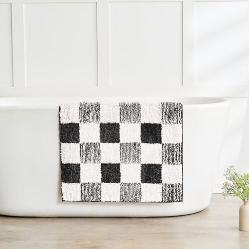 CozeCube Jet Black Checkered Bath Mat 47"x24" Non Slip Washable Rug