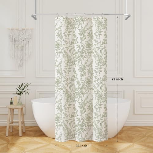 Sage Boho Linen Fabric Shower Curtain , Farmhouse Floral For Bathroom