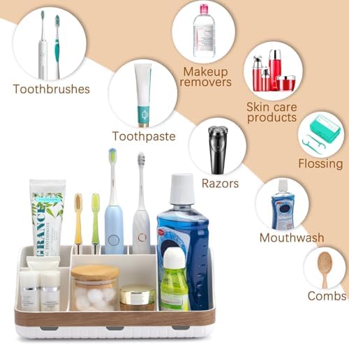 GFWARE Bathroom Countertop Organizer - Detachable 7 Slots Kids Electric Toothbrush and Toothpaste Holde Drainage for Bathroom Accessories Organization Counter Vanity Storage, Woodgrain