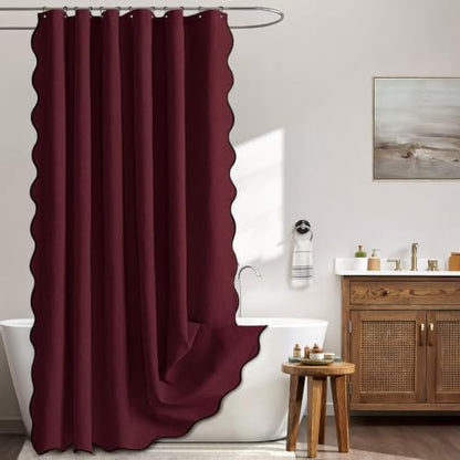 MIULEE Burgundy Scalloped Linen Shower Curtain 72x72 Inches