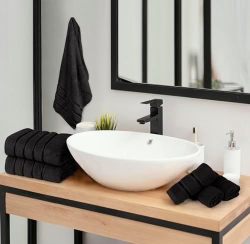 Luxury Towels for Bathroom Set of 8-2 Bath Towels 2 Hand Towels 4 Washcloths - 600 GSM 100% Cotton Ring Spun Viscose Border Towels Set - Black