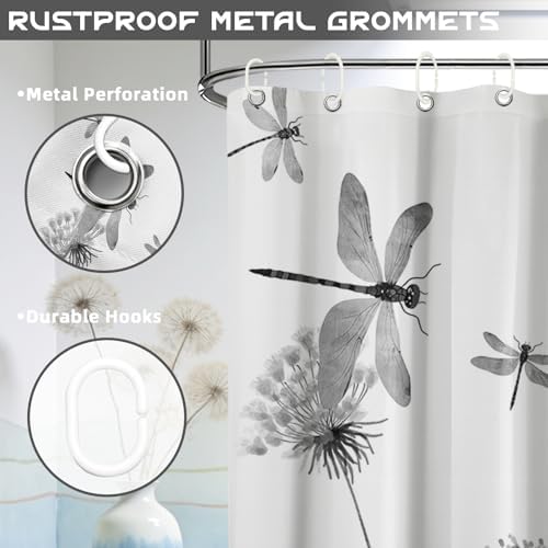 Light Grey Dandelion Shower Curtain Spring Dragonfly Charcoal Gray White Watercolor Shower Curtains for Bathroom Decor, Waterproof Cloth Fabric with Hooks 70" Wx72 L