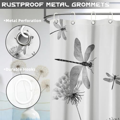 Light Grey Dandelion Shower Curtain Spring Dragonfly Charcoal Gray White Watercolor Shower Curtains for Bathroom Decor, Waterproof Cloth Fabric with Hooks 70" Wx72 L