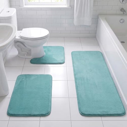H.VERSAILTEX Bath Mat Memory Foam Set Bathroom Rug Set Flannel Velvety Extra Soft and Absorbent Non Slip Rugs for Bathroom/Bedroom Washable(47"x 17" + 17"x 24" + 20"x 24"U-Shaped, Eggshell Blue)