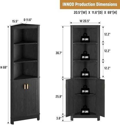 INNOD 69" Tall Corner Shelf with Doors, 6-Tier Corner Storage Cabinet with Doors, Space Saver Shelf for Bathroom, Bathroom Floor Cabinet for Living Room Kitchen, Hallway