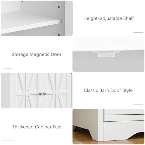 VECELO Bathroom Floor Storage Cabinet with Drawer, Freestanding Storage Unit with Adjustable Shelves, Open Compartments, for Bathroom, Living Room, Kitchen, White