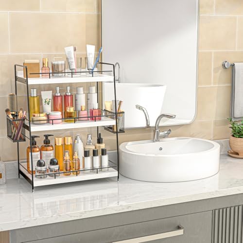 Wood Bathroom Counter Organizer with Metal Frame for Vanity Storage ,White
