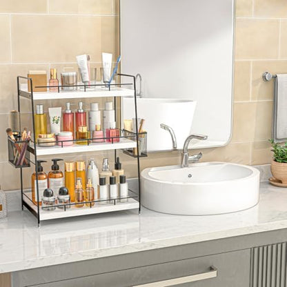 Wood Bathroom Counter Organizer with Metal Frame for Vanity Storage ,White