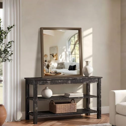 Bathroom Mirror, 30 x 36 inch Walnut Wood Grain Colored Aluminum Metal Frame Bathroom Vanity Mirror, Rectangle Wall Mirror for Bedroom Living Room, Tempered Glass, Horizontal or Vertical