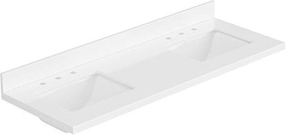ARIEL 61 inch Double Bathroom Vanity top with Sink, 1.5 Inch Thick Miter Edge White Quartz top, Rectangle Double Sink Vanity top, Includes Backsplash