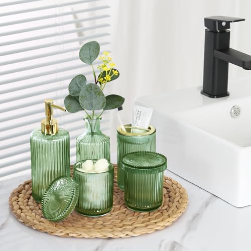 Green Bathroom Accessories 5 Pcs, Glass Bathroom Accessory Set, Vintage Green Bathroom Set, Sage Green Soap Dispenser and Toothbrush Holder Set, Qtip Holder, Small Flower Vase, Modern Bathroom Decor