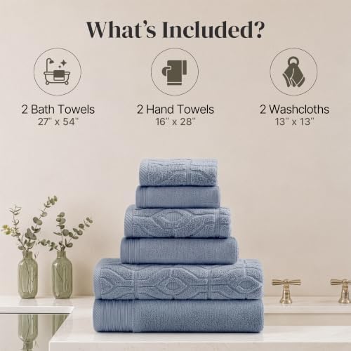 Modern Threads 6 Piece Bath Towel Set – Bathroom Towel Set with 2 Bath Towels, 2 Hand Towels & 2 Washcloths – 100% Cotton, Soft & Absorbent – Geometric (Blue)