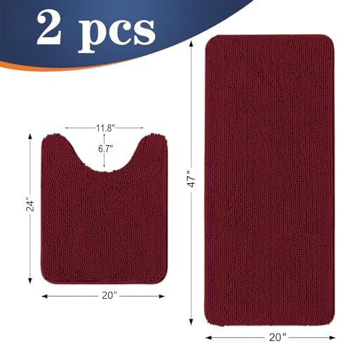 OLANLY Chenille Bathroom Rugs Mats Sets 2 Piece, 47"x20"+24"x20", Burgundy