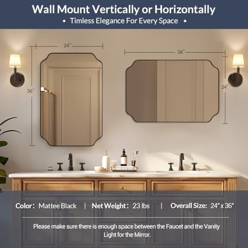 MIRRORART Black Bathroom Mirrors for Over Sink, 24x36 Scalloped Mirror for Bathroom, Notched Corner Rectangle Mirror in 1’’ Stainless Steel Metal Frame Home Remodel Wall Mount Vertical/Horizontal