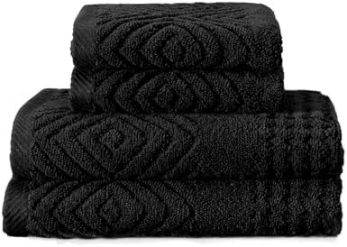 Texere 100% Organic Cotton Jacquard Towel Sets (Black (Diamond), 2 Hand & 2 Wash Towels)