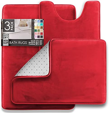 Clara Clark 3 Piece Bathroom Rugs Bath Mat Set, Velvet Memory Foam Bath Mats for Bathroom - Non-Slip, PVC Backing Bath Rugs, Washable - Dries Quickly, Burgundy