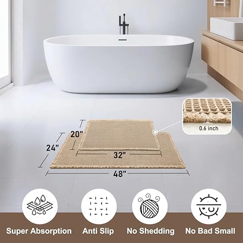 JIUZHEN Set of 2 Waffle Bath Mats Boho Bathroom Runner Rug 20"x32"+24"x48"