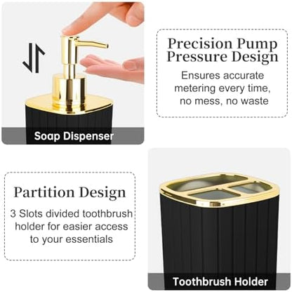 Black and Gold Bathroom Accessories, Soap Dispenser and Toothbrush Holder