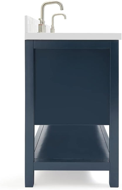 ARIEL Magnolia 72-inch Bathroom Vanity with Sink,Solid Wood, 1.5-inch Pure White Quartz Countertop & Backsplash, Double Oval Porcelain Sink, 4 Soft Closing Doors, 3 Dovetail Drawers, Midnight Blue