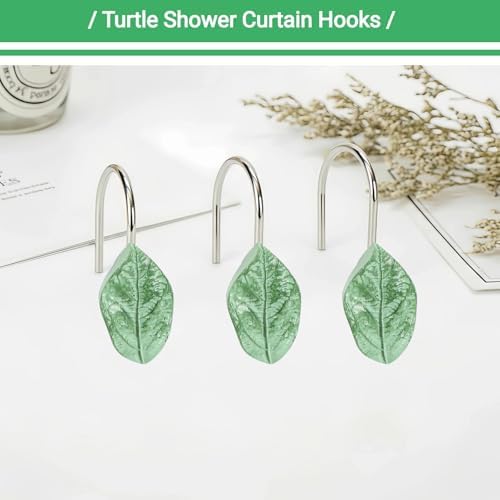 12Pcs Eucalyptus Leaves Shower Curtain Hooks Decorative for Curtain Rods, Green Leaf Shower Curtain Rings, Silver Stainless Steel Metal Shower Curtain Hanger Hooks, Cute Botanical Bathroom Decor