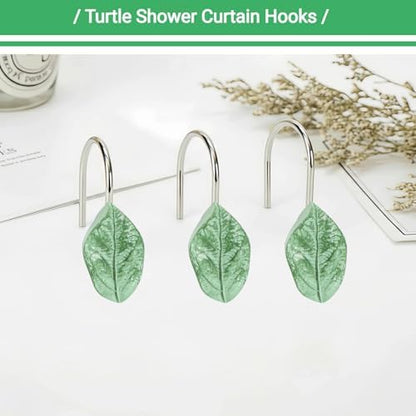 12Pcs Eucalyptus Leaves Shower Curtain Hooks Decorative for Curtain Rods, Green Leaf Shower Curtain Rings, Silver Stainless Steel Metal Shower Curtain Hanger Hooks, Cute Botanical Bathroom Decor